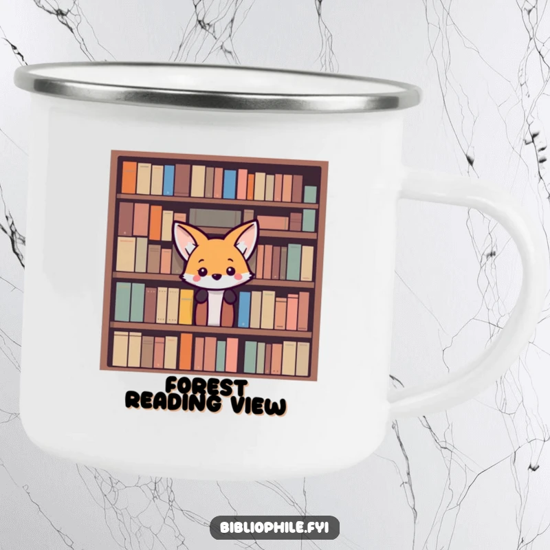 Funny Fox Camping Mug: A curious fox peeks from behind a bookshelf, perfect for enjoying drinks during outdoor adventures with humor.