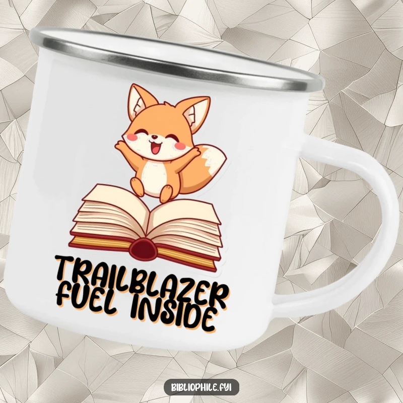 Funny fox enamel camping mug featuring a happy character leaping over a book, rugged and fun.