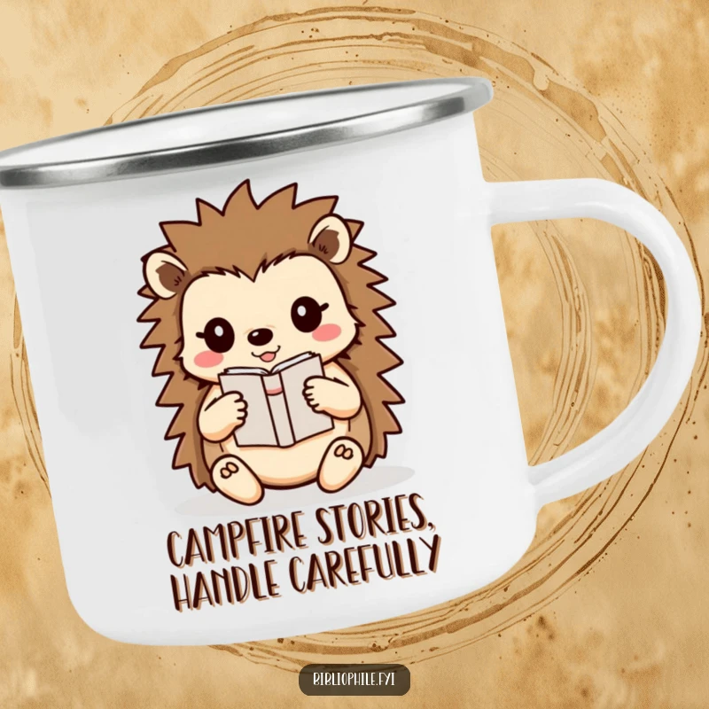 Funny Hedgehog Camping Mug showing a cute hedgehog character carefully carrying a small book, perfect for outdoor reading and adventures.