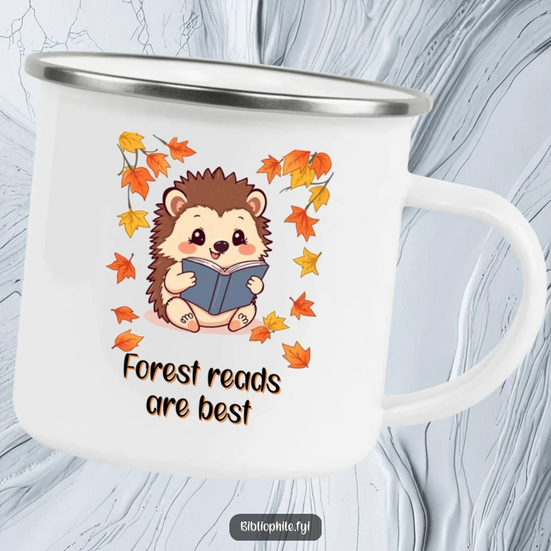 Funny Hedgehog Camping Mug: A cheerful hedgehog reads a book among fallen leaves, perfect for outdoor drinks.