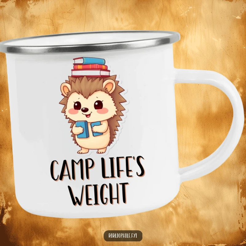 Funny camping mug with a playful hedgehog character balancing books on its head, perfect for outdoor drinks.