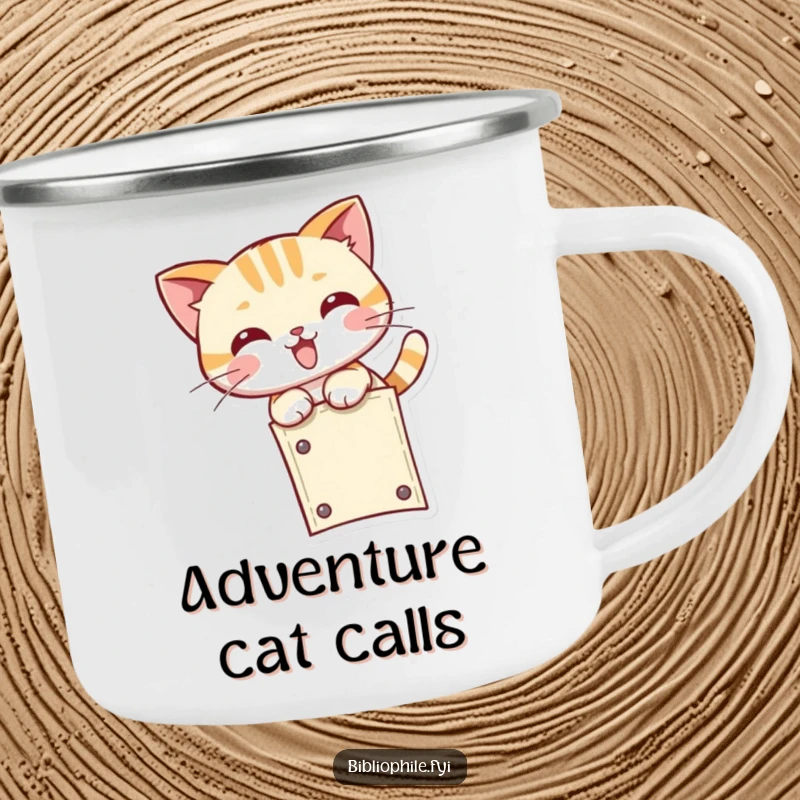 Funny kawaii cat character playfully pouncing near a bookmark, depicted on a rugged and humorous camping mug.