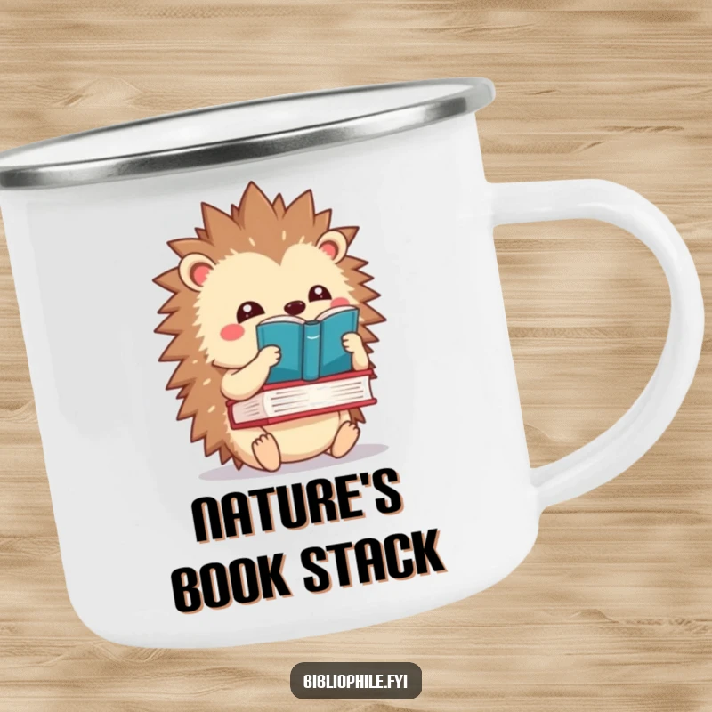 Funny kawaii hedgehog balancing a book on its spines, depicted on a rugged and humorous camping mug.