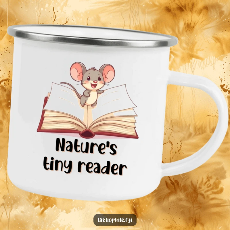 Funny Mouse Camping Mug: A delighted mouse scurries across storybook pages, perfect for enjoying drinks during outdoor adventures.