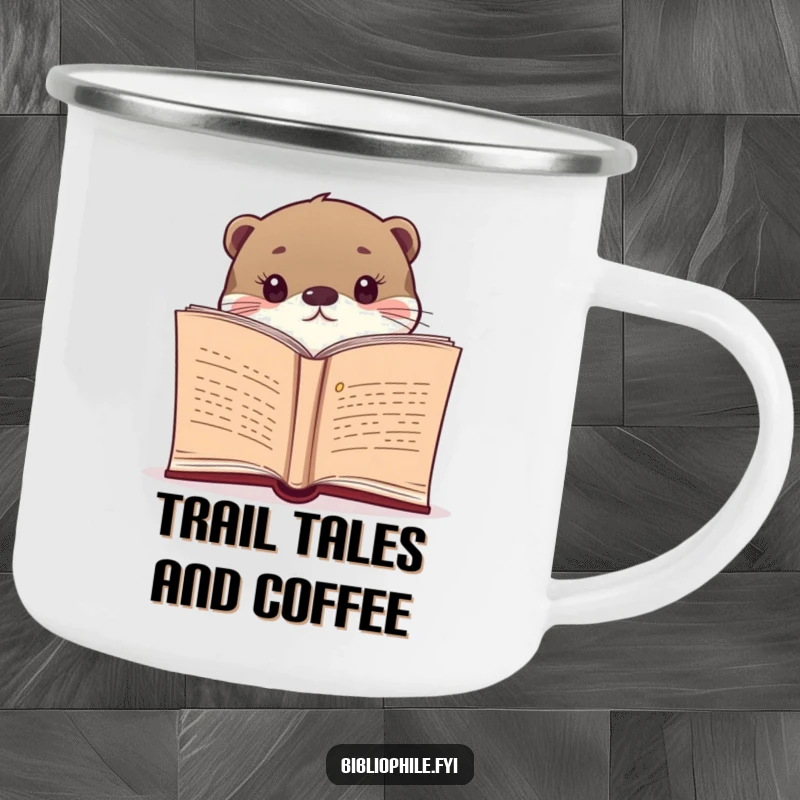 Funny camping mug featuring a curious otter peeking from a book, ideal for enjoying drinks during outdoor adventures.