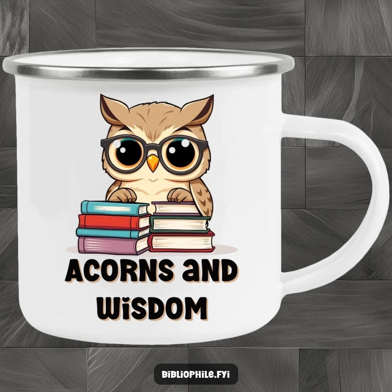 Funny owl wearing spectacles, reading a book, on a durable camping mug, ready for the outdoors.