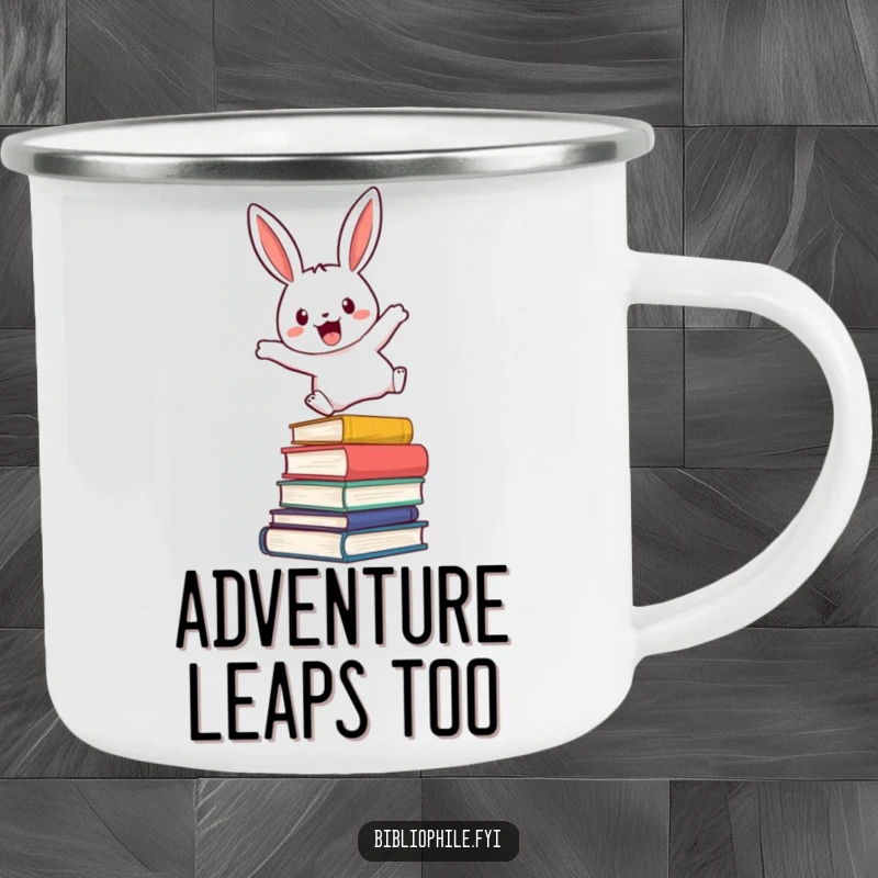 Funny camping mug featuring a cute rabbit character enthusiastically leaping over novels, perfect for outdoor reading and drinks.