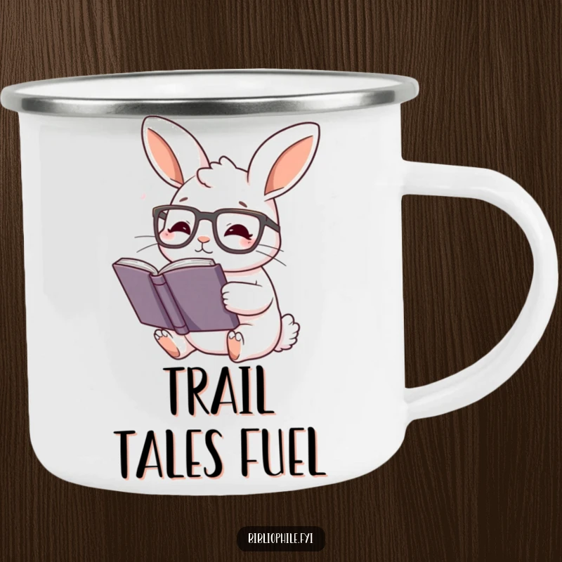 Funny Rabbit Camping Mug: Rabbit with reading glasses, engrossed in a story, great for outdoor readers.