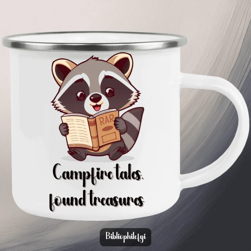Funny Raccoon Camping Mug showing a cute raccoon character excitedly showcasing a newly discovered rare book, perfect for outdoor collectors.