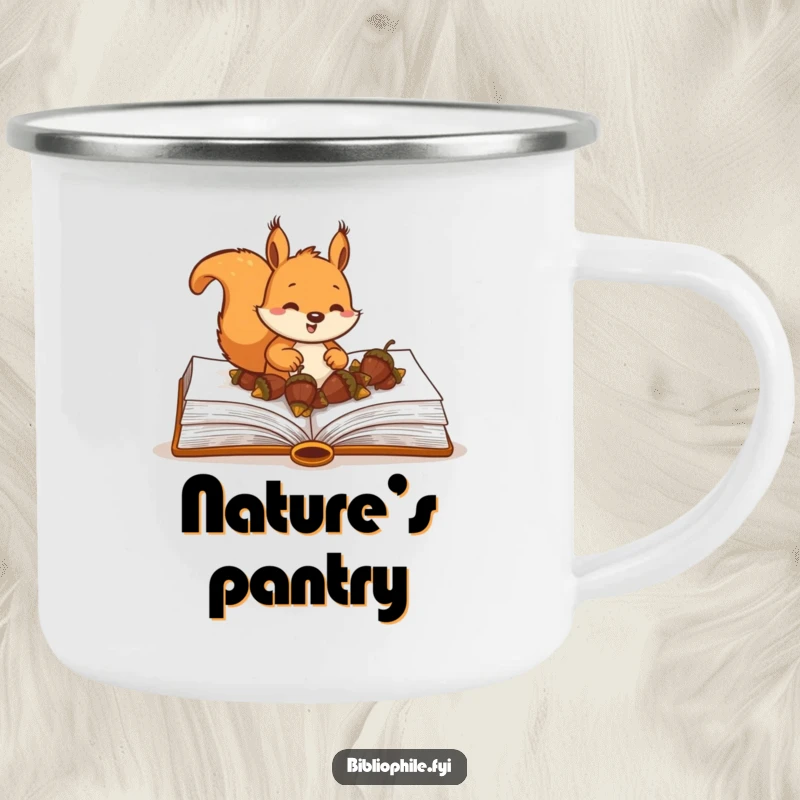 Funny Squirrel Camping Mug with a happy squirrel character burying acorns within the pages of a large hardcover book, great for camping.