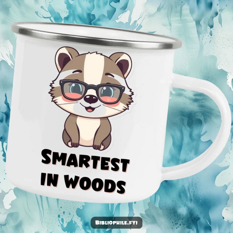 Funny camping mug with a cheerful badger wearing reading glasses, ready for outdoor reading and adventure.