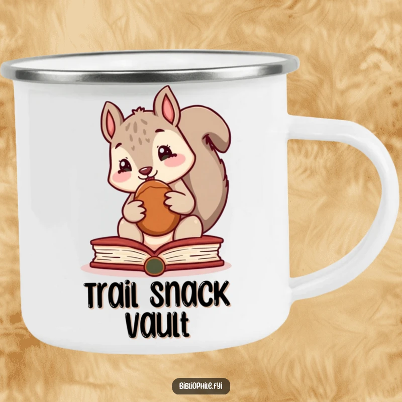 Funny camping mug featuring a cute squirrel character hiding a nut inside a book, perfect for outdoor drinks.