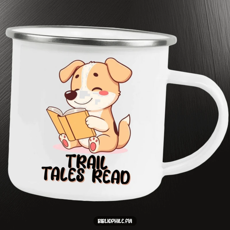 Funny camping mug featuring a cute dog character wagging its tail excitedly while reading a story, ideal for outdoor reading.