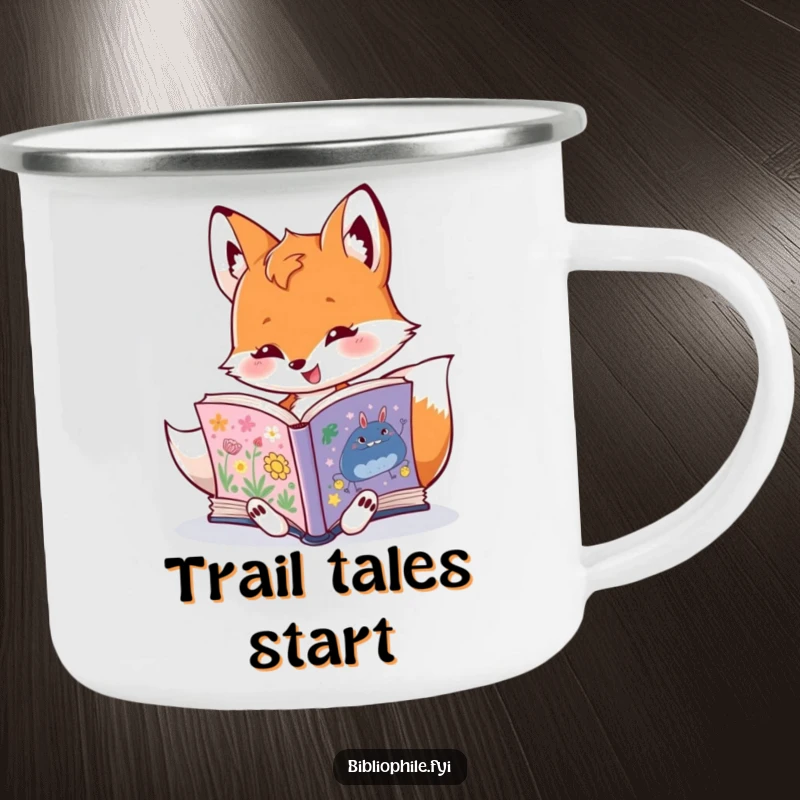 Funny fox character reading a book on a rustic camping mug, ideal for outdoor reading and humorous gifts.