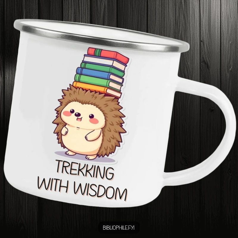 Funny hedgehog camping mug, balancing a tower of books on its head by a campfire, outdoor funny gift.