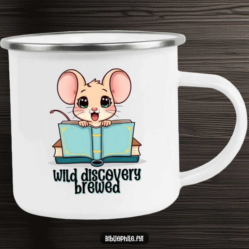 Funny camping mug featuring a surprised mouse character popping out of a book cover, perfect for outdoor reading adventures.