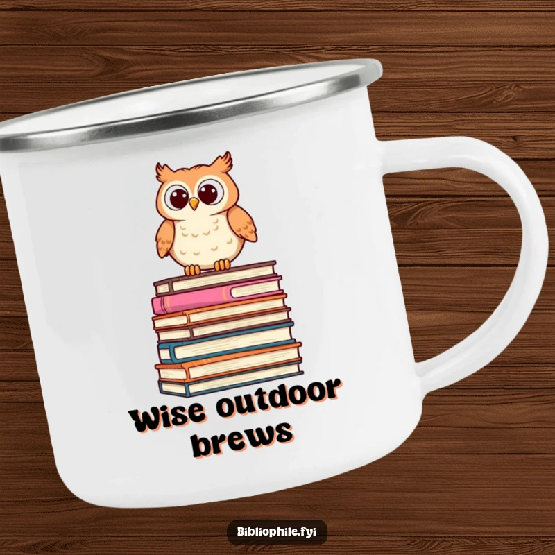 Funny Owl Camping Mug with a cute, stylized owl perched on a stack of oversized books, peering curiously, perfect for outdoor use.
