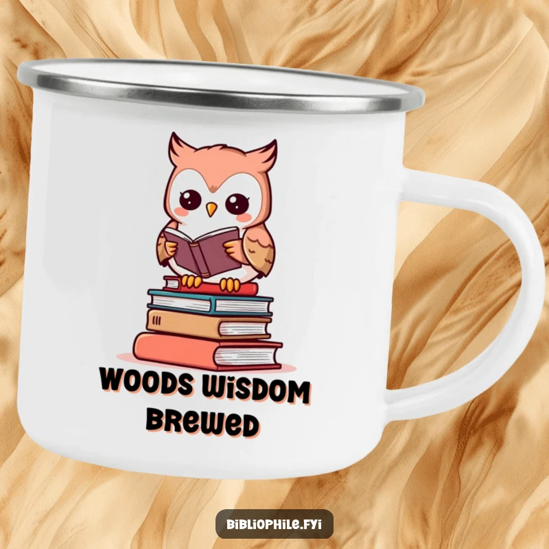 Funny owl enamel camping mug featuring a cute character reading, perfect for outdoor book lovers.