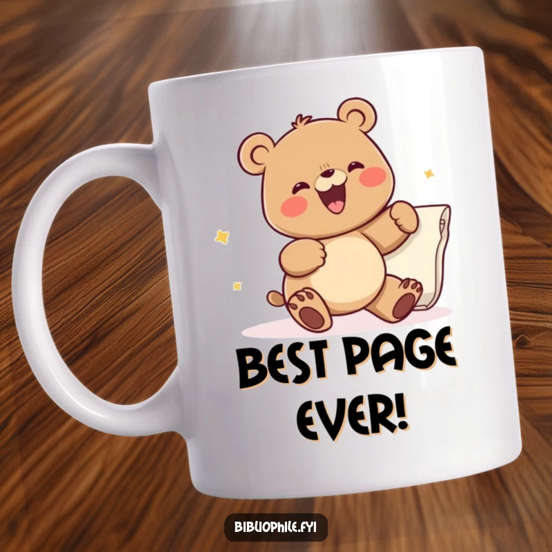 Funny mug showcasing a joyous bear character with an eager expression, enthusiastically turning the large page of a book, perfect for avid readers.