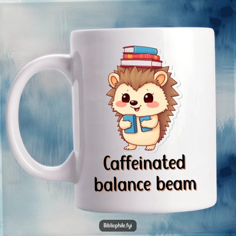 Funny mug with a playful hedgehog character precariously balancing a stack of books on its head, looking determined.