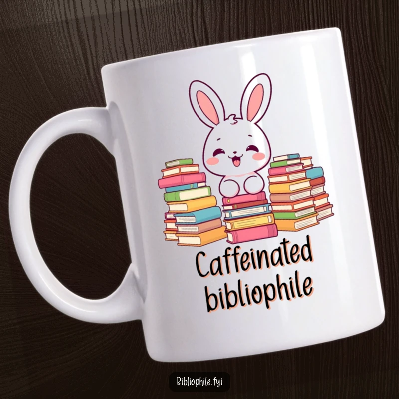 Funny kawaii bunny character delighted by stacks of books, a perfect mug for avid readers.