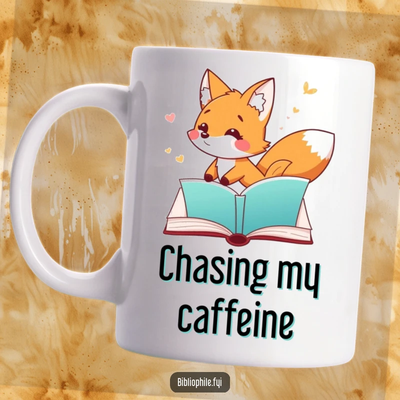 Funny Fox Bookmark Mug with a playful fox character chasing a fluttering bookmark through an open page, a humorous reader's delight.