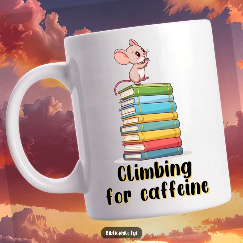 Funny mug featuring a determined mouse climbing a tall stack of books, symbolizing ambition and a quest for knowledge.
