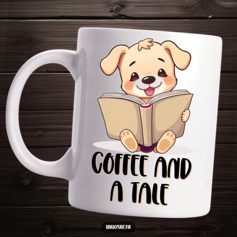 Funny mug depicting a cute puppy character enthusiastically reading a very large, open book, showcasing a love for literature.