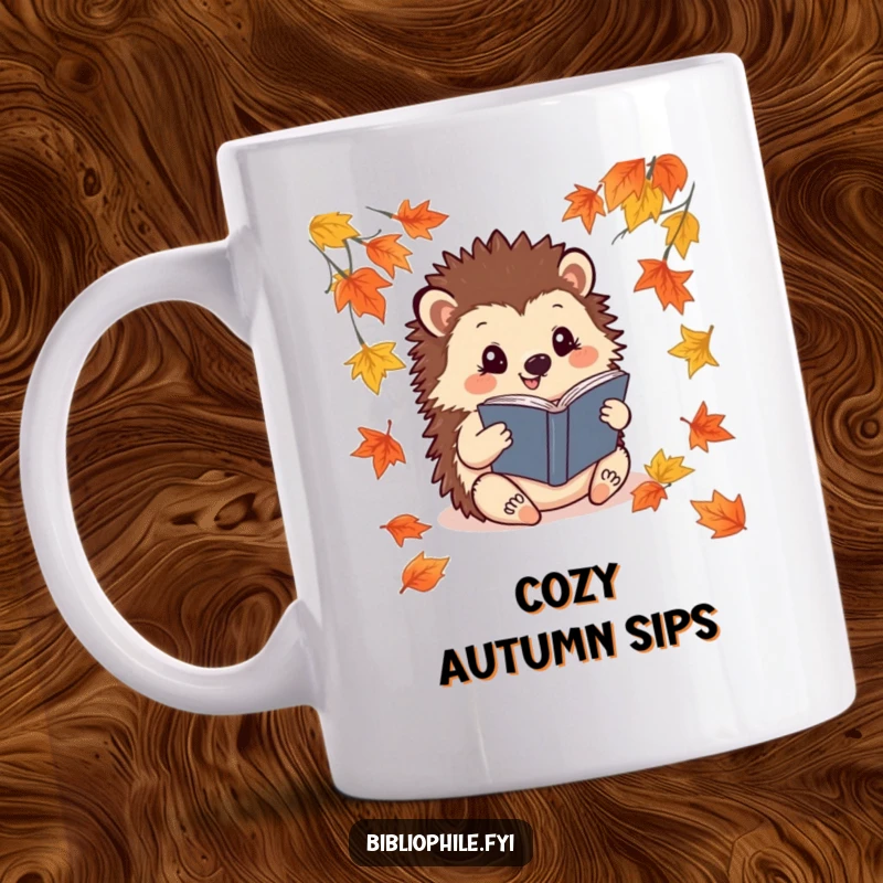 Funny Hedgehog Mug: A cheerful hedgehog reads a book, surrounded by fallen leaves, embodying cozy autumn vibes.