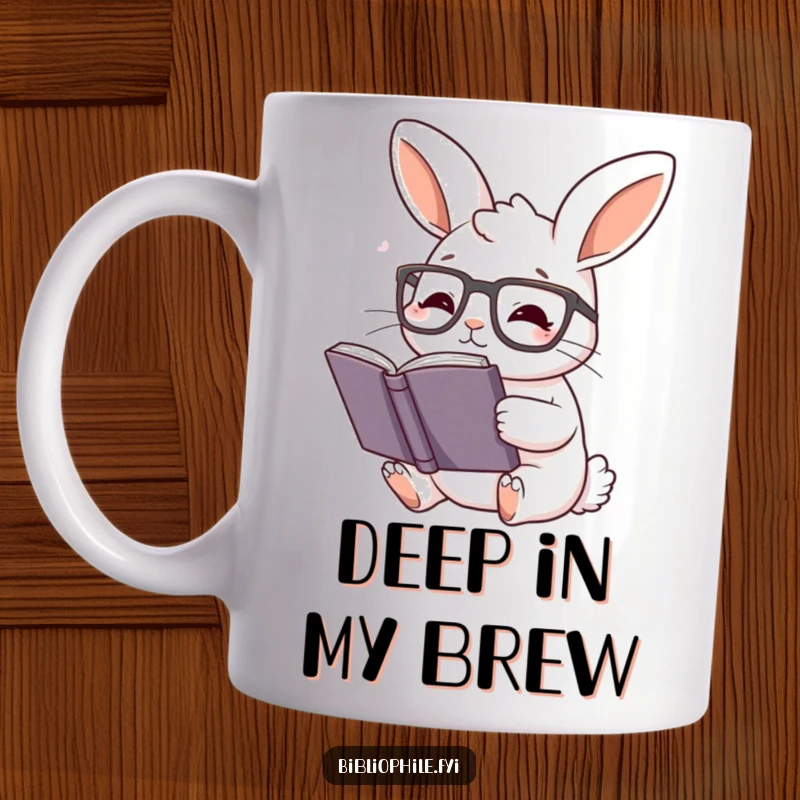 Funny Rabbit Mug: Cute rabbit with reading glasses engrossed in a book, perfect for literature lovers.