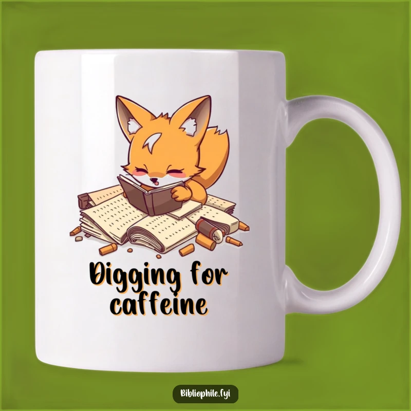 Funny Fox Researcher Mug: Playful Fox Digging Manuscripts, Quirky Funny Gift for Historians