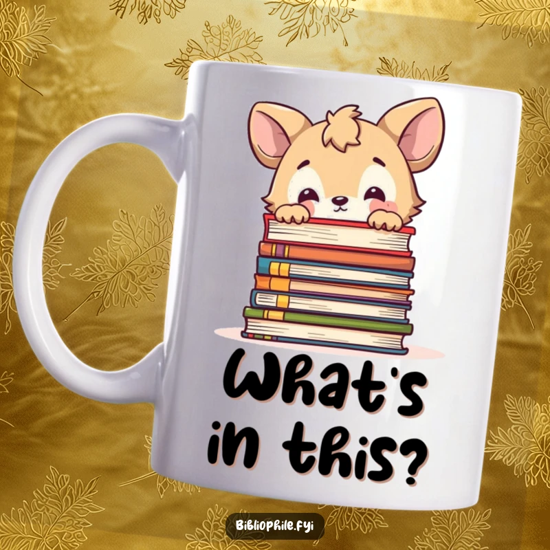 Funny mug featuring a cute animal character peeking curiously over a large stack of books, full of wonder.