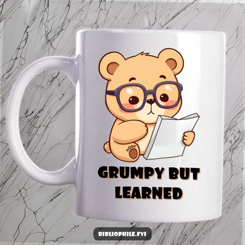 Funny Bear Mug: A focused bear wearing reading glasses points at a book page, embodying studious intellect and humor.