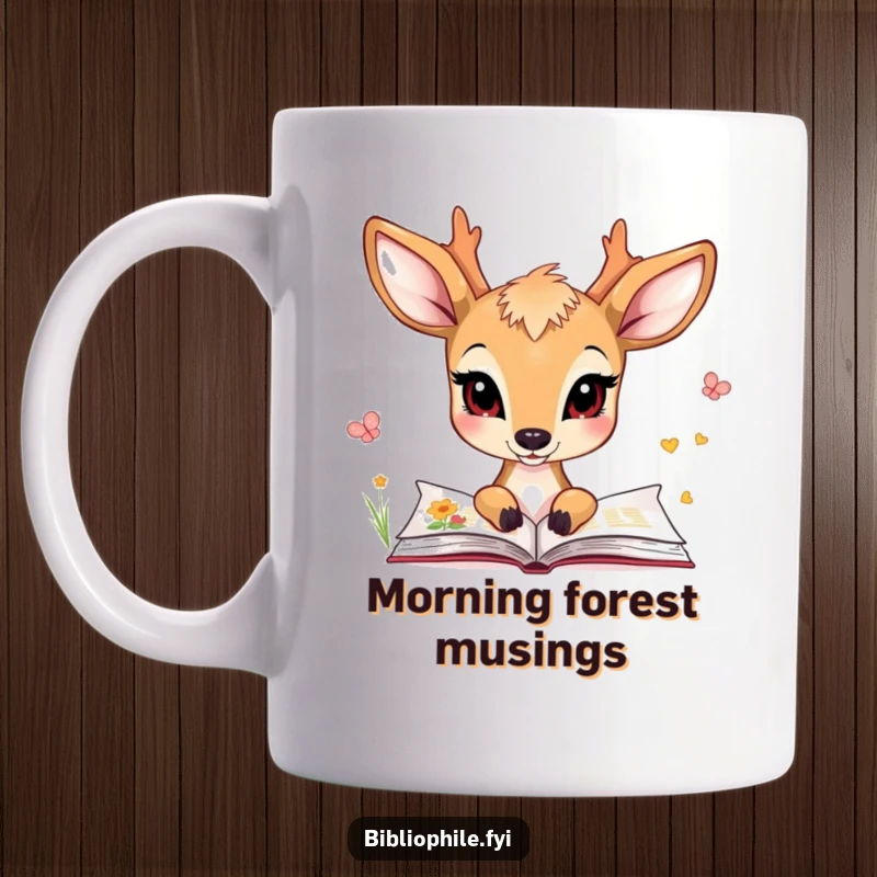 Funny mug with a charming deer character gazing intently at the pages of an open, illustrated book.