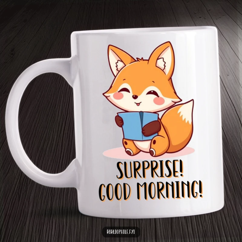 Funny mug with a smiling fox character discovering a hidden pop-up element, showcasing surprise and delight, ideal for the curious.
