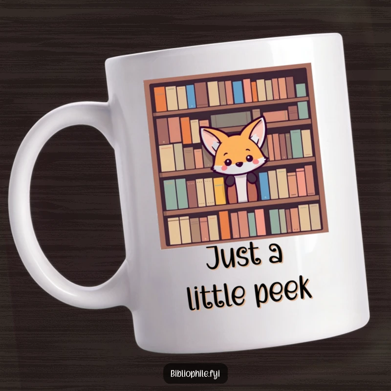 Funny Fox Mug: A curious fox peeks from behind a huge bookshelf, embodying a witty and playful bookworm personality.