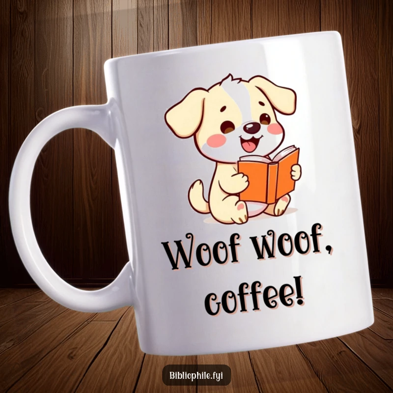 Funny kawaii dog character wagging its tail excitedly while holding a storybook, illustrated on a humorous coffee mug.
