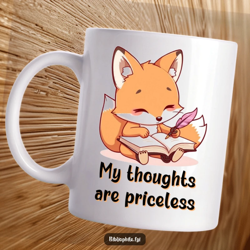 Funny kawaii fox character intently writing in a journal with a quill, a perfect gift for writers.