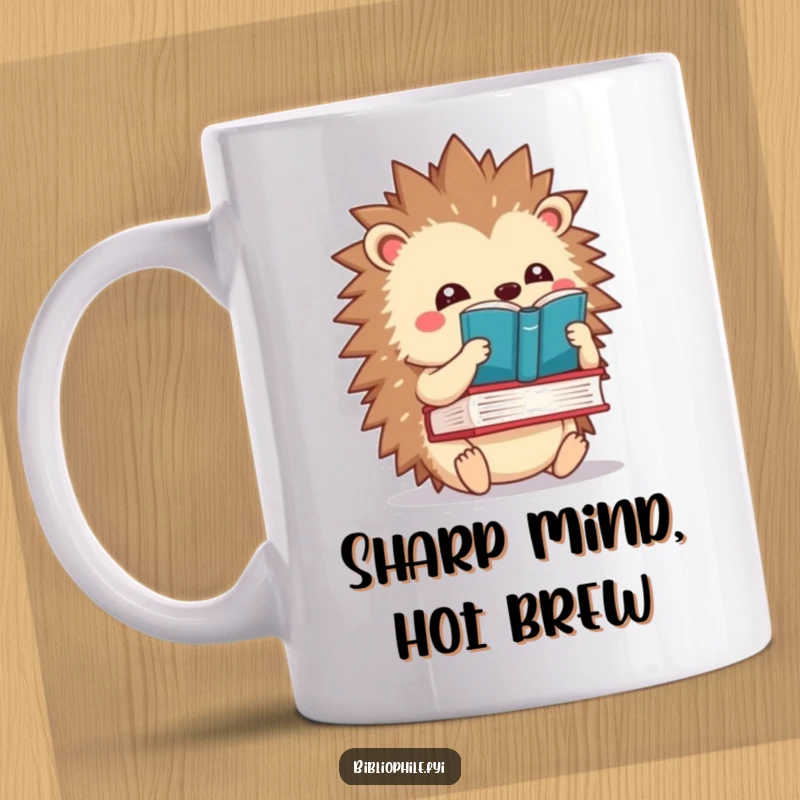 Funny kawaii hedgehog character balancing a book on its spines, illustrated on a humorous coffee mug.