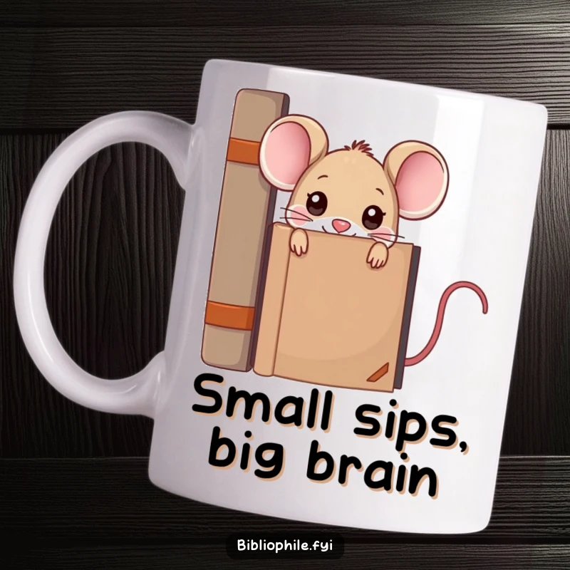 Funny kawaii mouse character peeking mischievously from behind a large encyclopedia, illustrated on a humorous coffee mug.