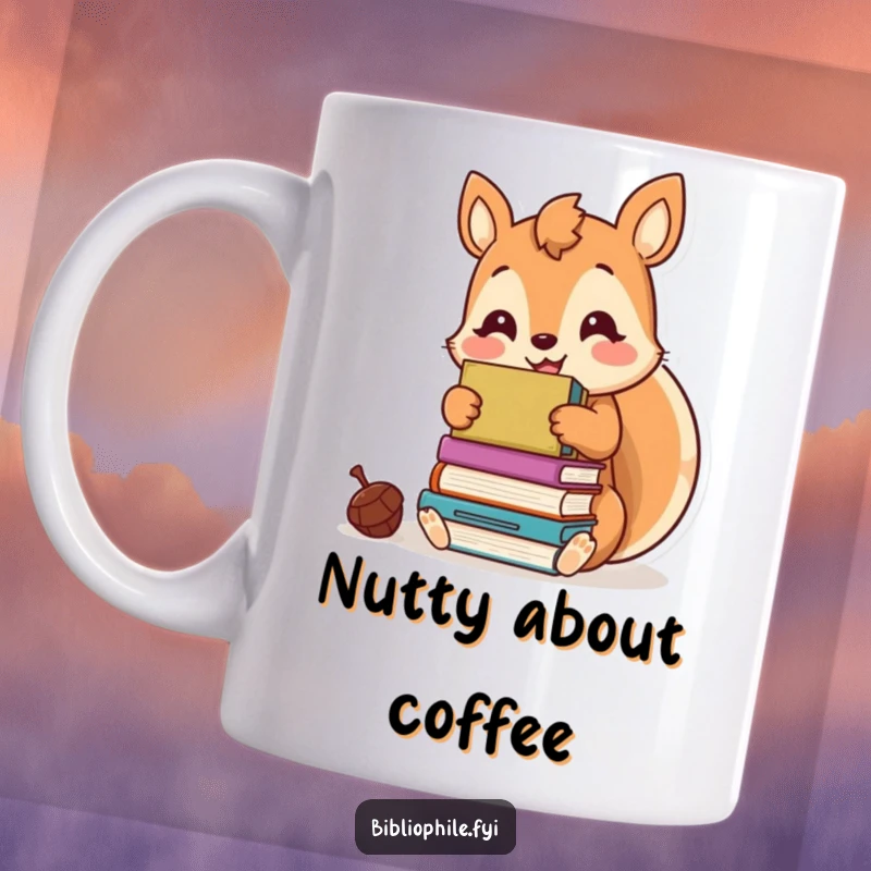 Funny kawaii squirrel character happily hoarding books like acorns, illustrated on a humorous coffee mug for book lovers.