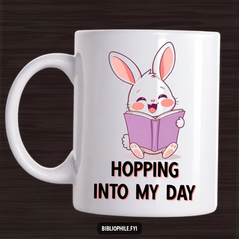 Funny rabbit mug with a cheerful character eagerly turning a page, enthusiastic reading humor.