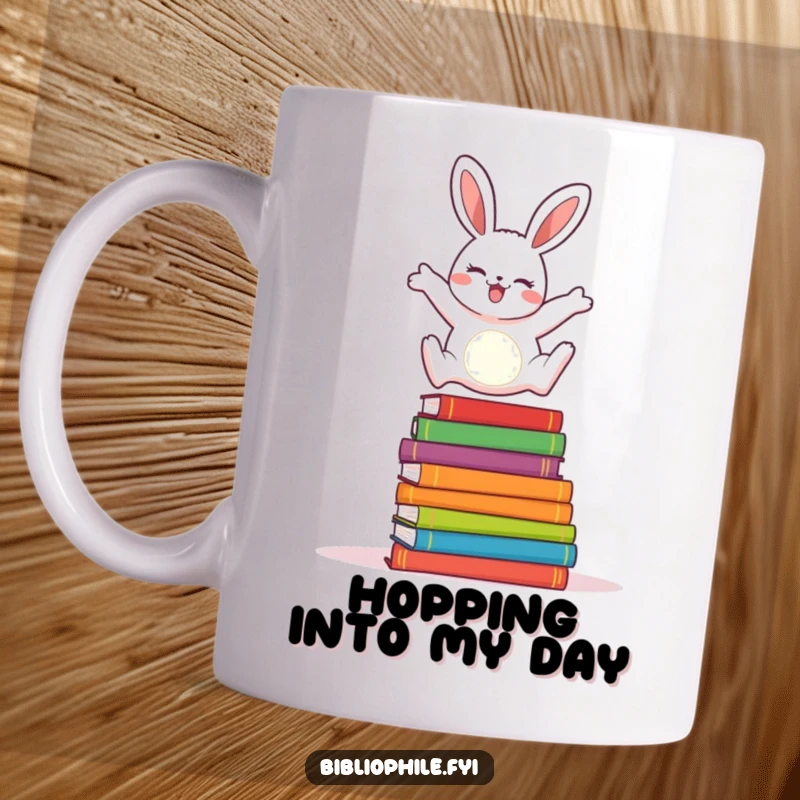 Funny cheerful rabbit joyfully leaping over a stack of colorful storybooks on this vibrant mug.
