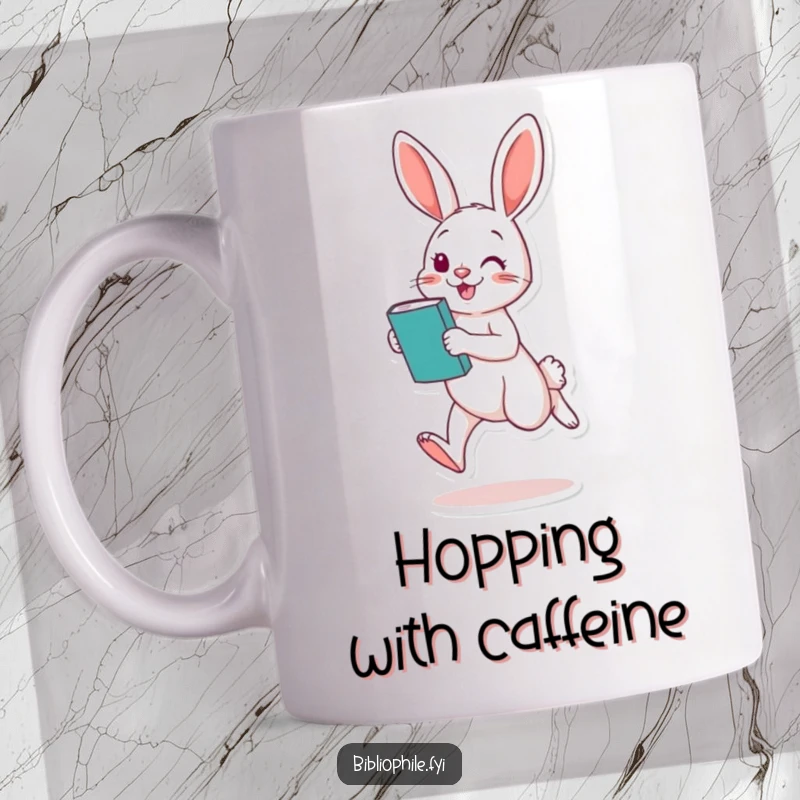 Funny Rabbit Mug: A playful rabbit hops with excitement, book under arm, embodying a joyful and enthusiastic reader.