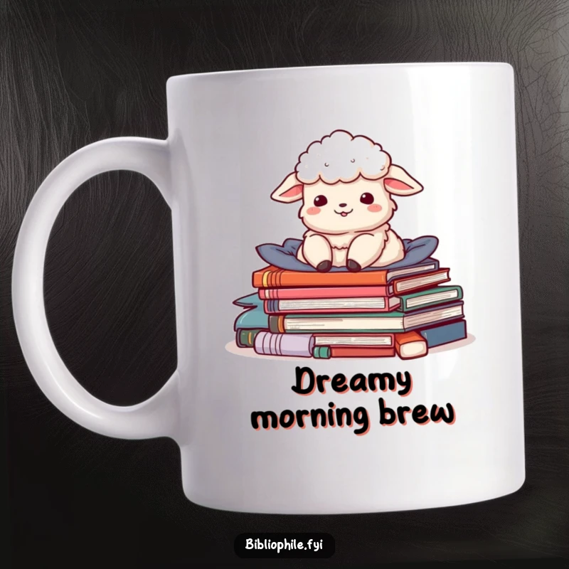 Funny mug featuring a delighted sheep character nestled cozily in a pile of stories, radiating happiness and peace.