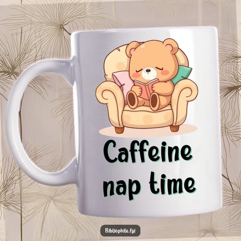 Funny Sleepy Bear Mug with a sleepy bear character curled up on a comfortable armchair made of pillows, reading, a cozy reader's dream.