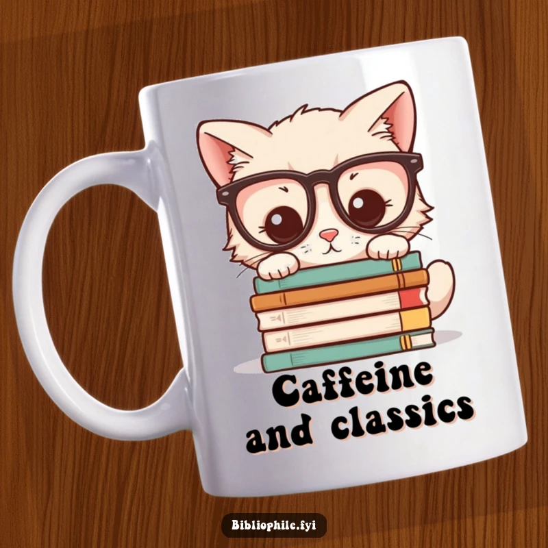 Funny mug showcasing a kawaii kitten wearing glasses, intently peering at a tall stack of novels, symbolizing knowledge.
