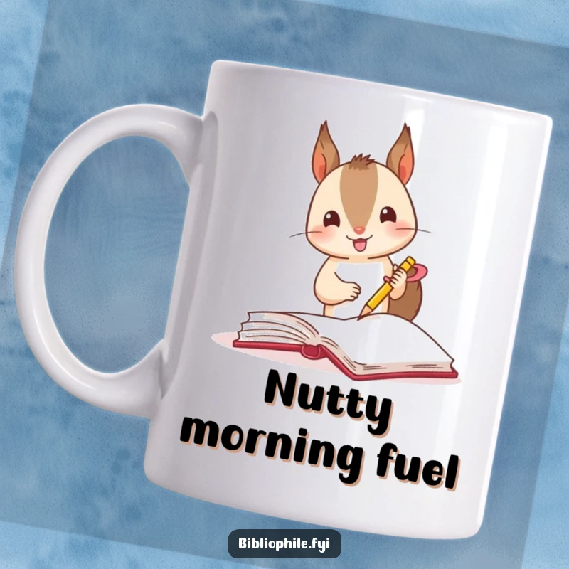 Funny small squirrel excitedly marking a page with a ribbon in a book, on a ceramic mug.