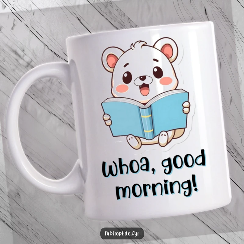 Funny mug with a cute animal looking shocked while holding a pop-open book, capturing the element of surprise in reading.