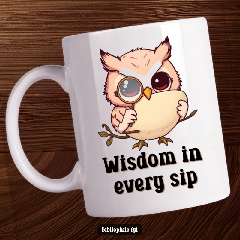 Funny wise owl monkler wearing a monocle, deeply engrossed in a large tome, perfect funny gift for bookworms.